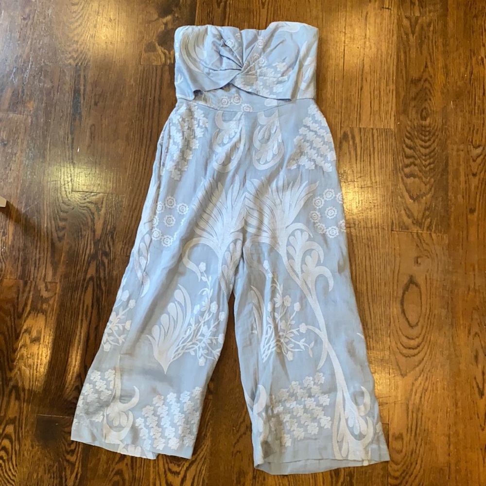 Aijek Strapless Baby Blue Floral Pant Suit